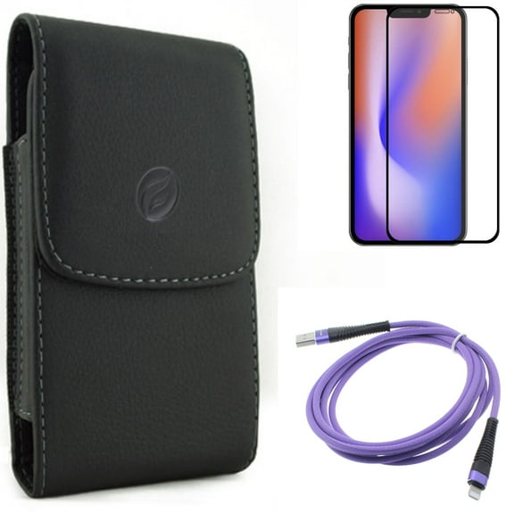 Case Belt Clip & 6ft USB Cable & Screen Protector for iPhone 13/Pro ONLY - Leather Holster Cover   Purple Charger Cord Power   Anti-Glare Tempered Glass Matte Combo