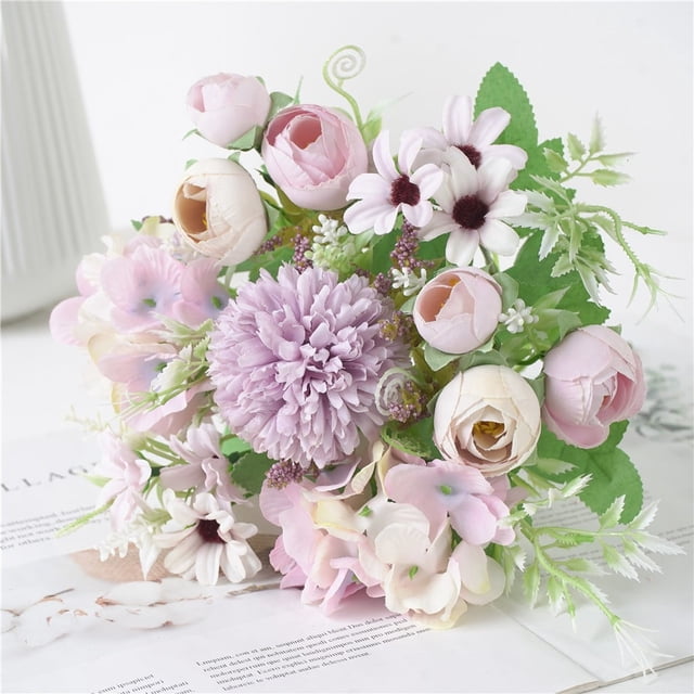 Ramo artificial de tallo corto con flores mixtas, hermoso ramo de hortensias de seda artificial para decoración de bodas, ramo de novia, decoración del hogar.