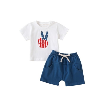 

MissiMae Independence Day Baby Boys Outfits Star Stripe Finger Print Short Sleeve T-shirt and Casual Elastic Shorts Set