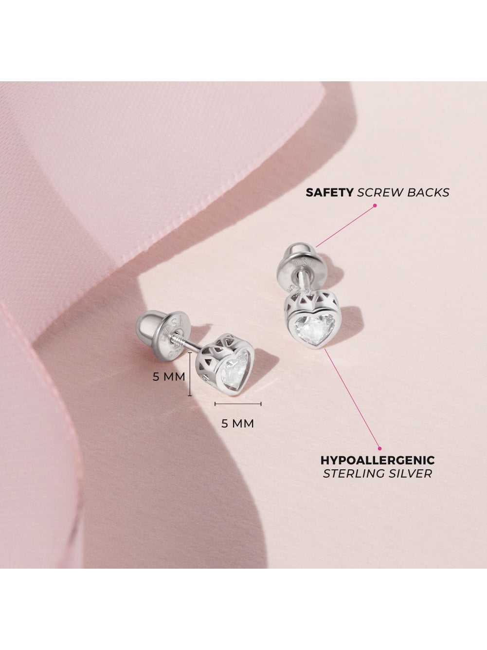 925 Sterling Silver Girls Simulated Diamond Birthstone Heart Screw Back Earrings