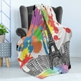thumbnail image 4 of Paris Soft Flannel Fleece Blanket, Splashing Spots Colorful Modernistic Detailed Sketchy Urban Houses and Eiffel Tower, Cozy Plush for Indoor and Outdoor Use, 50" x 70", Orange Black, by Ambesonne, 4 of 5