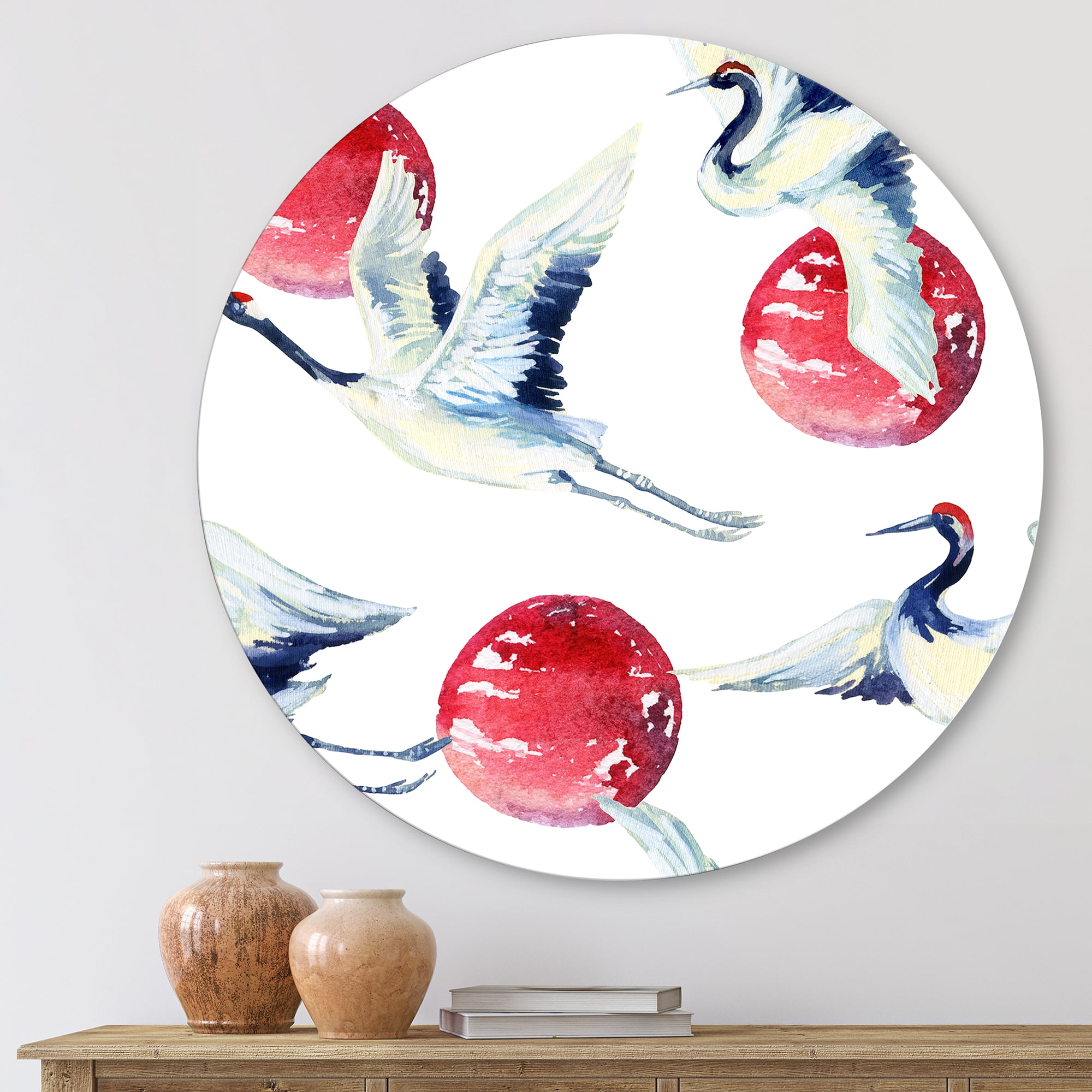 Designart 'Red Full Moon With Asian Crane Bird' Traditional Circle Metal Wall Art 11x11 - Disc of 11