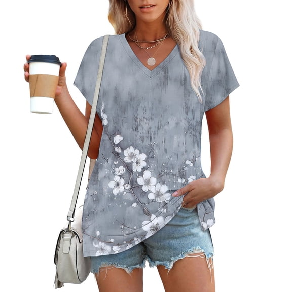 NSLGXD Summer Floral Graphic Tees for Women Short Sleeve V Neck Tunic Blouses Loose Fit Oversized Going Out Tops Multicolor Top,Size S-2XL