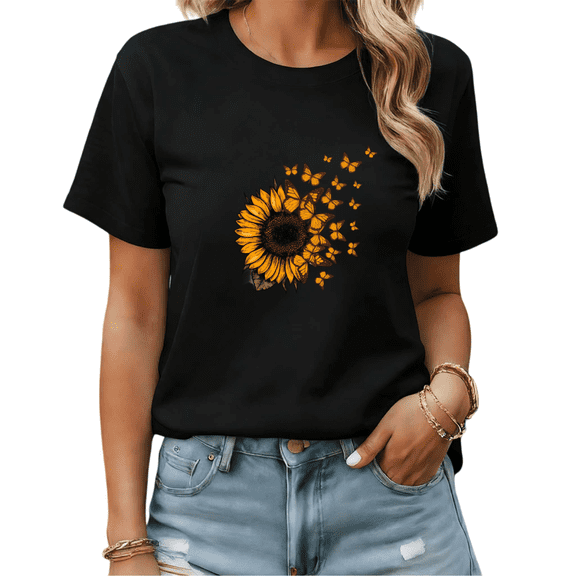 Black Print Tshirt Graphic Tees Shirts Sunflower Butterfly Burst Artistic Fashion Wear S-5XL Tops