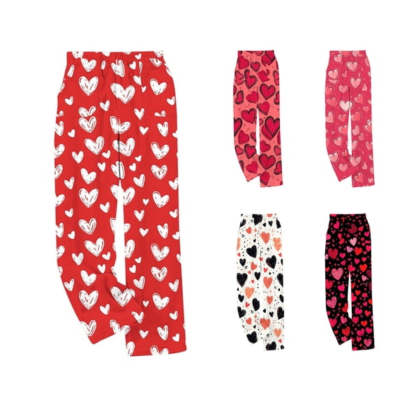HAOTAGS Womens Flannel Pajama Pants, Valentines Day Heart Print Long Pants Fall Winter Loungewear Sleepwear Red M