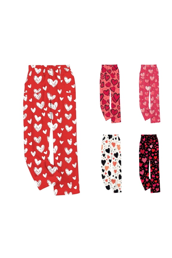 Womens Flannel Pajama Pants, Valentines Day Heart Print Long Pants Fall Winter Loungewear Sleepwear Red M