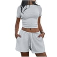 thumbnail image 2 of Bloomae Two Piece Jogger Sets for Women Summer Crew Neck Lounge Short Sets Short Sleeve Crop Tops and Drawstring Elastic Waist Short Pants Vacation Outfits with Pocket Gray XL, 2 of 7