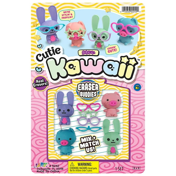Ja-Ru Kawaii Cutie Eraser Buddies Playset, 1 Piece Set Plastic, All Ages Novelty Toy