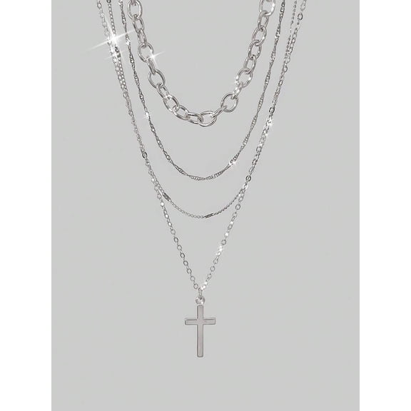 Silver 4-Piece Layered Chain Necklace Set With Cross Pendant