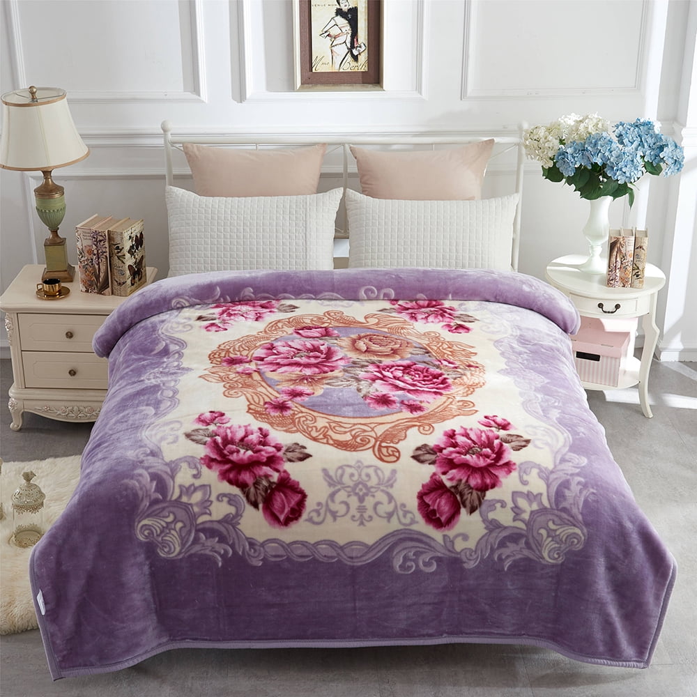 Soft Warm Middle Thick Plush Reversible Bed Blanket Light Purple Flower