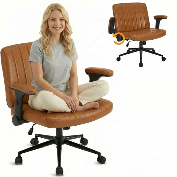 IPKIG Ergonomic Office Chair with Criss Cross Back, Wide PU Leather Seat, Flip-Up Arms, Swivel & Wheels for Home Office or Living Room