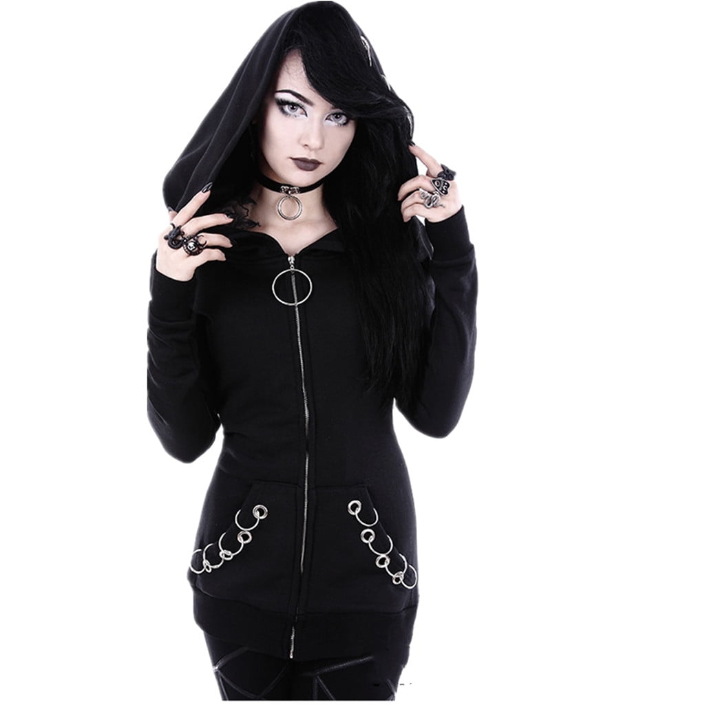 Womens Ladies Gothic Punk Style Hooded Jacket Coat Zipper Hoodie Sweatshirt Tops