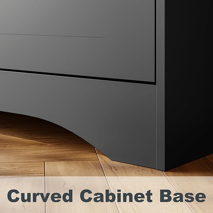 6 Drawer Dresser, 44" Tall Modern Chest of Drawers, Wood Drawer Organizer for Bedroom, Curved Edge Design, Farmhouse Style Dresser for Bedroom, Living Room, or Hallway (Black Finish)