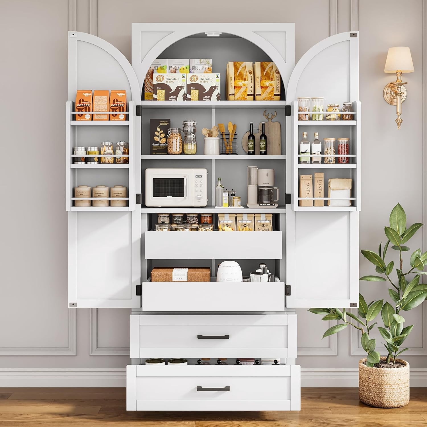 iPormis 71" Tall Kitchen Pantry Storage Cabinet with Adjustable Shelf, Large Drawers & Door Shelves, Freestanding Farmhouse Kitchen Cupboard for Dining Room/Living Room, White