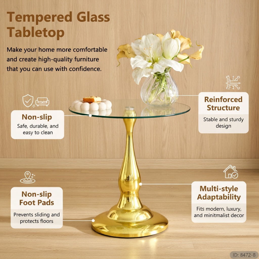 Hommoo Modern Metal Side Table with Tempered Glass Top, 20.3 in Height, Round 19.6 in Diameter, Indoor & Outdoor Use, Gold