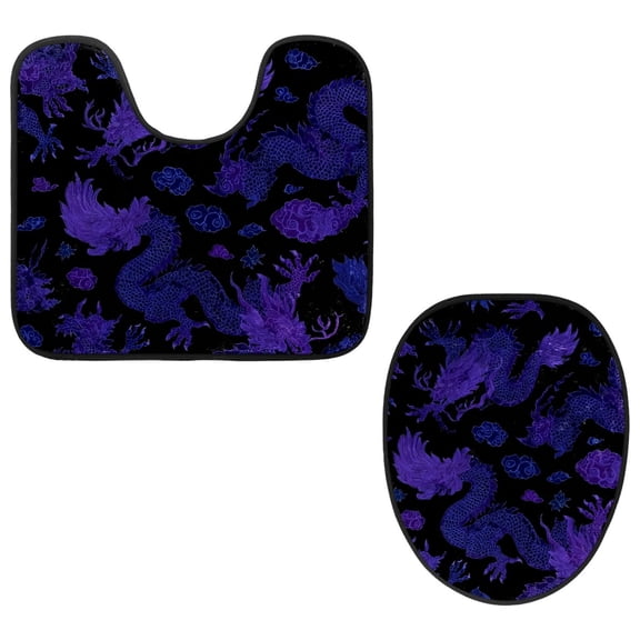 PhooArto Toilet Lid Cover and U-Shaped Toilet Floor Mat Set of 2 Pieces, Chinese Purple Dragon Pattern Toilet Mat Set, Machine Washable Seat Covers Non-Slip Absorbent Rugs