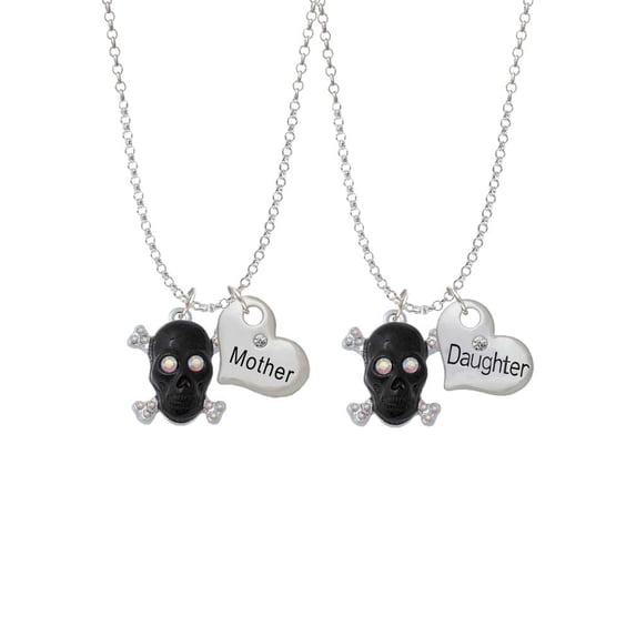 Delight Jewelry Silvertone Large Black Resin Skull with AB Crystals Mother & Daughter Heart Necklaces (Set of 2), 19"+2"