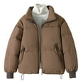 thumbnail image 2 of Black and Friday Clothing Sales Idoravan Women's Quilted Puffer Coat,Women's Loose Casual Standing Collar Thickened Warm Short Bread Jacket Coffee S, 2 of 4