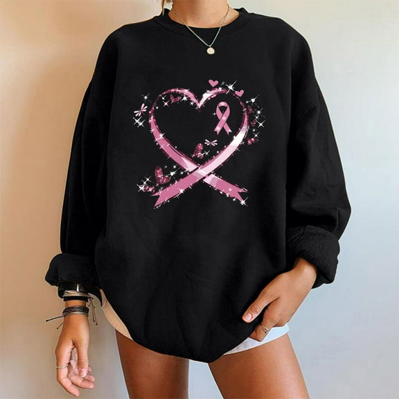 jjayotai Breast Cancer Awareness Sweatshirts, Womens Pink Ribbon Heart Graphic Shirt Comfy Long Sleeve Pullover Sweater Tops