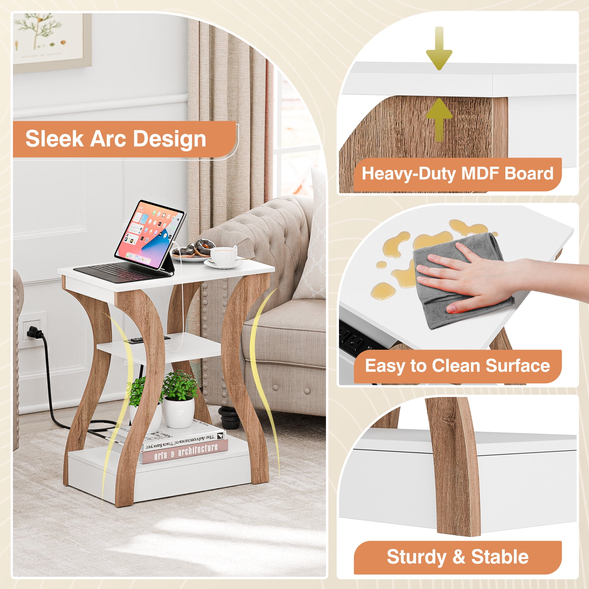 ZENSTYLE Side Table 3 Tier End Table with Charging Station Nightstand with USB Storage Shelf White