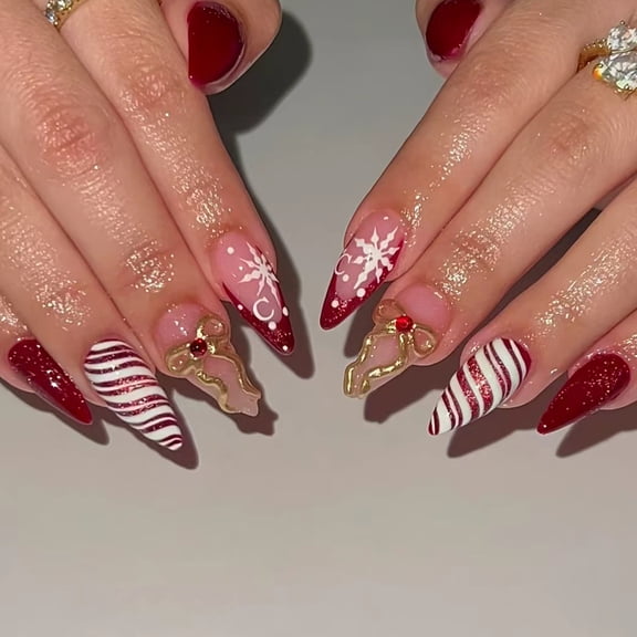 Christmas False Nails Floral Detailing Easy Application Nails Art For Holidays And Professional Christmas Collection