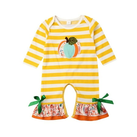 Pumpkin Jumpsuit - Infant Baby Girl Halloween Costumes Long Sleeve Pumpkin Striped Floral Flare Pants Romper Bodysuit Jumpsuit 1pcs