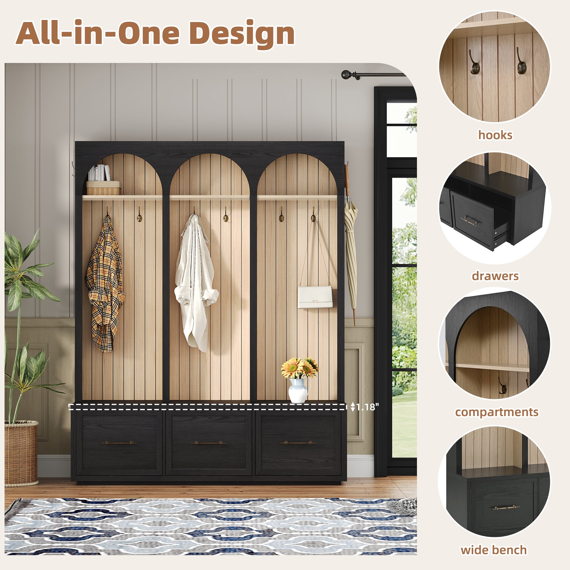 Aukfa Arched Hall Tree with Storage Bench, Shoe Cabinet & Entryway Organizer for Mudroom, Living Room, Hallway, Black