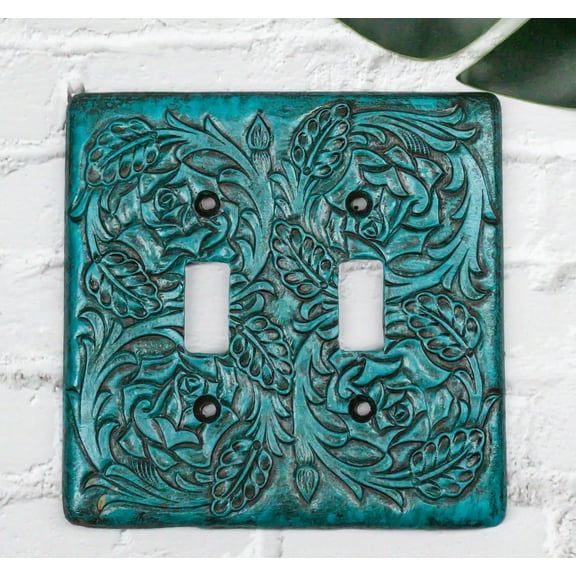 Set of 2 Western Tooled Floral Lace Turquoise Wall Double Toggle Switch Plates