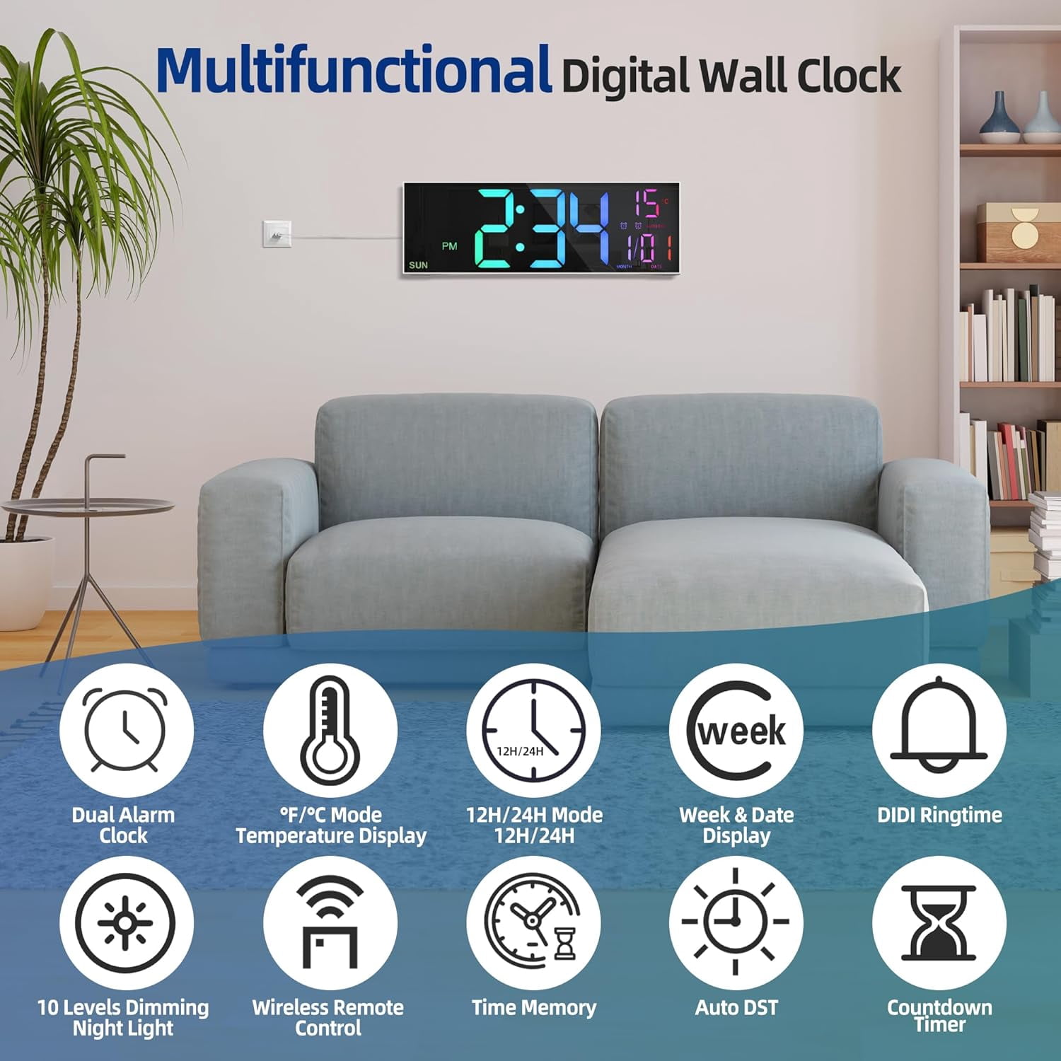 LEIKE Digital Wall Clock for Classroom Livingroom Game Home Decor with LED Display RGB Lights, BIuetooth Sync, Dual Alarms, Auto DST, Countdown, Remote Control, Temperature