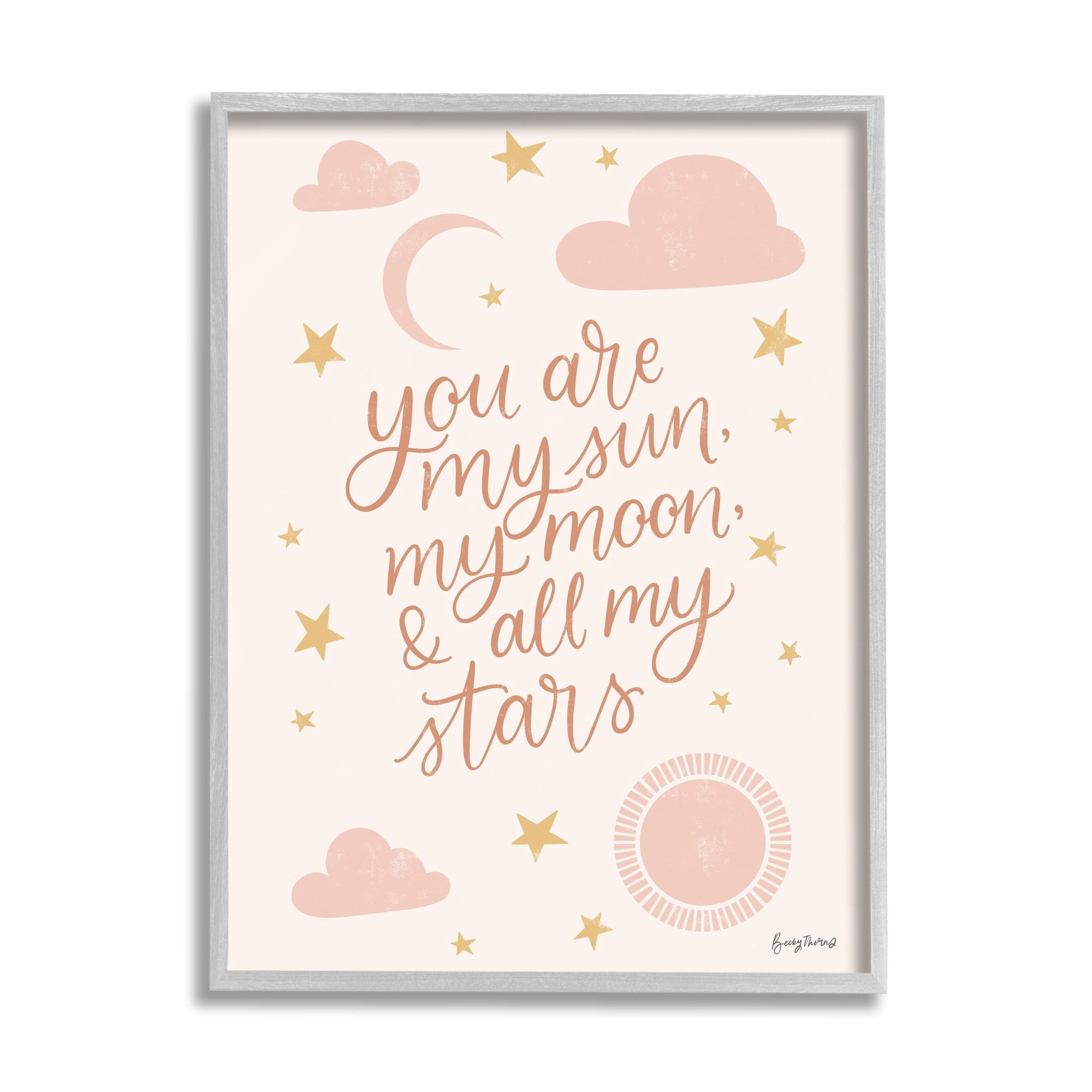Stupell Industries My Sun Moon and Stars Children's Pink Sky Graphic Art Gray Framed Art Print Wall Art, 11x14, by Becky Thorns