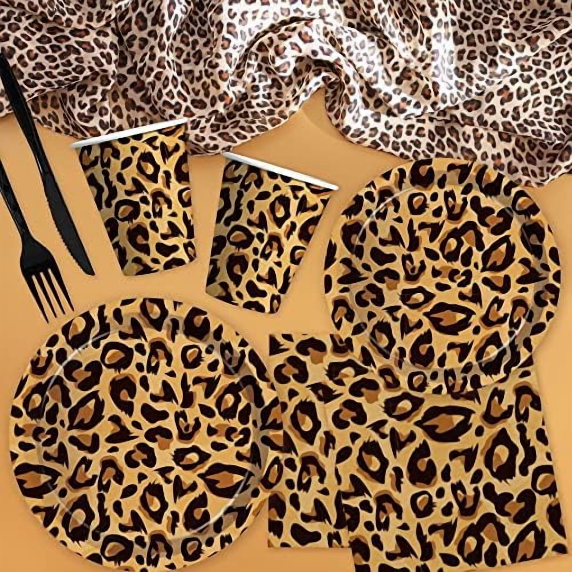 Leopard Print Party Supplies - Cheetah Print Party Decorations Tableware, Plate, Cup, Napkin, Tablecloth, Cutlery, Safari Animal Leopard Theme Birthday Baby Shower Party Supplies | Serve 24$$