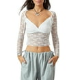 thumbnail image 2 of Musuos Women Crop Lace Tops See-Through Long Sleeve V Neck Basic Shirt Casual Pullover, 2 of 9