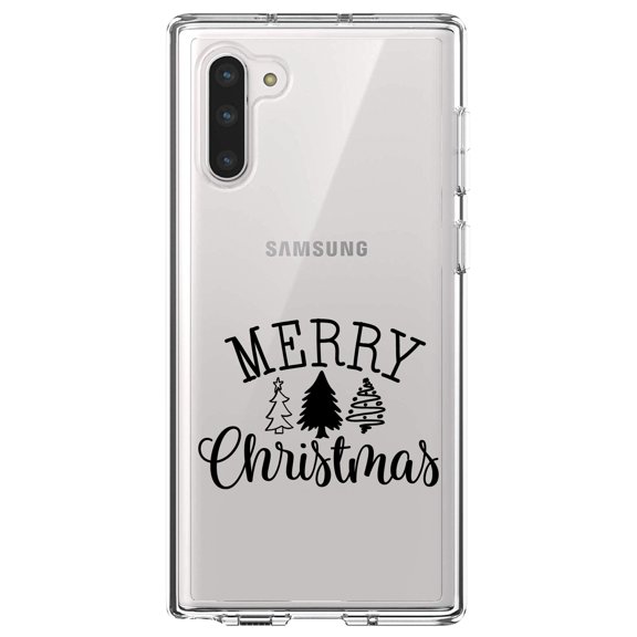 DistinctInk Clear Shockproof Hybrid Case for Samsung Galaxy Note 10 (6.3" Screen) - TPU Bumper Acrylic Back Tempered Glass Screen Protector - Merry Christmas Doodle Trees