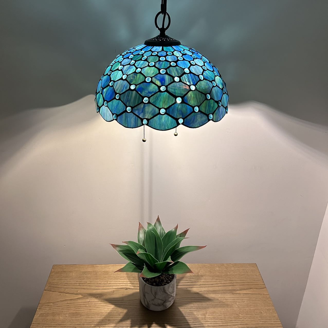 Tiffany Pendant Lights Fixture Blue Stained Glass Crystal Beans LED Bulb Included for Dining Room Hotel Restaurant Cafe 16"W*16"D*75"H