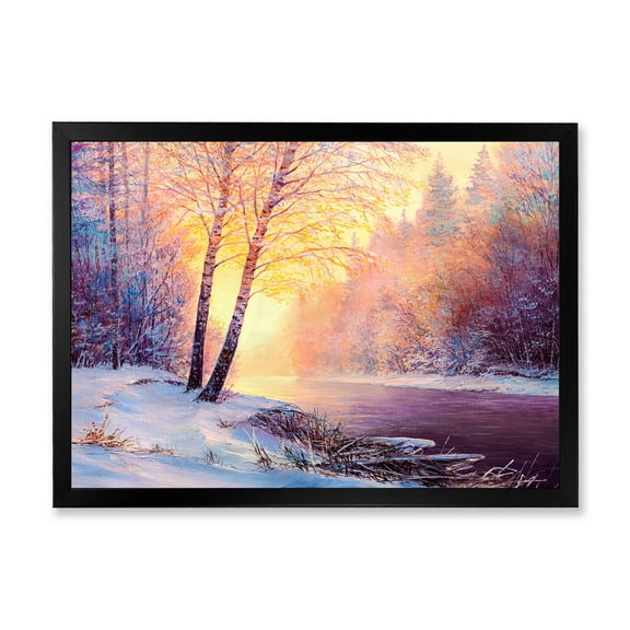 Bridge Of Meandering River With Winter Scenery II 40 in x 30 in Framed Painting Canvas Art Print, by Designart