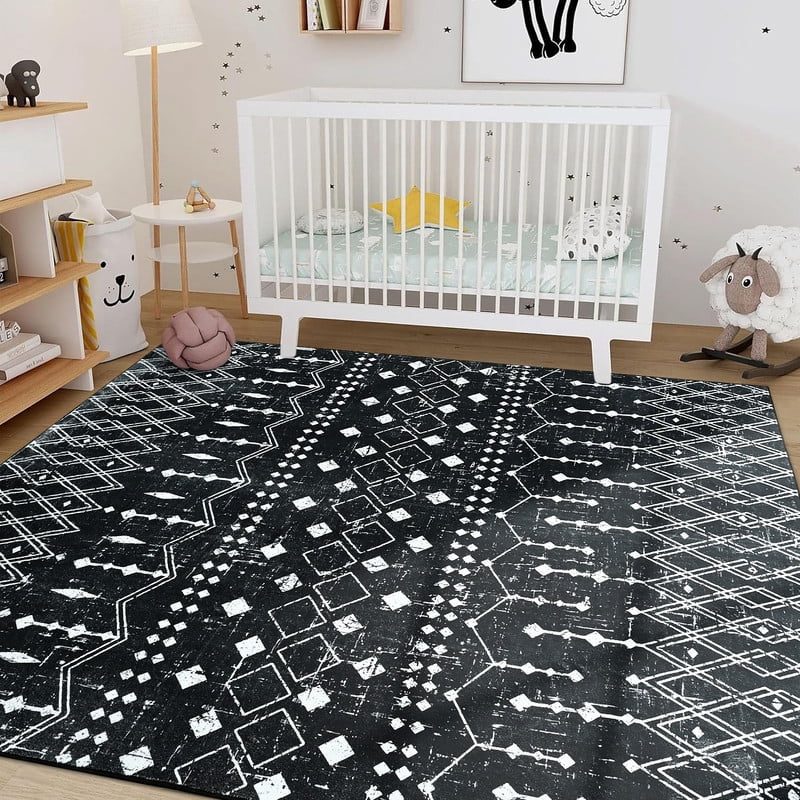 Jamfeel Area Rugs Vintage Geometric Printed Washable Rug Comfy Soft Non Slip Low Pile Carpet for Living Room, Kitchen, Office 6'x9' Black