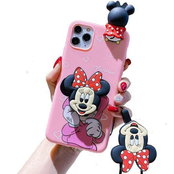 iPhone 11 Case - Minnie Mickey Mouse Case 3D Cartoon Protective Cover Cute Soft TPU Silicone Case with Phone Stand and Detachable Long Lanyard for Children Girls (Minnie)