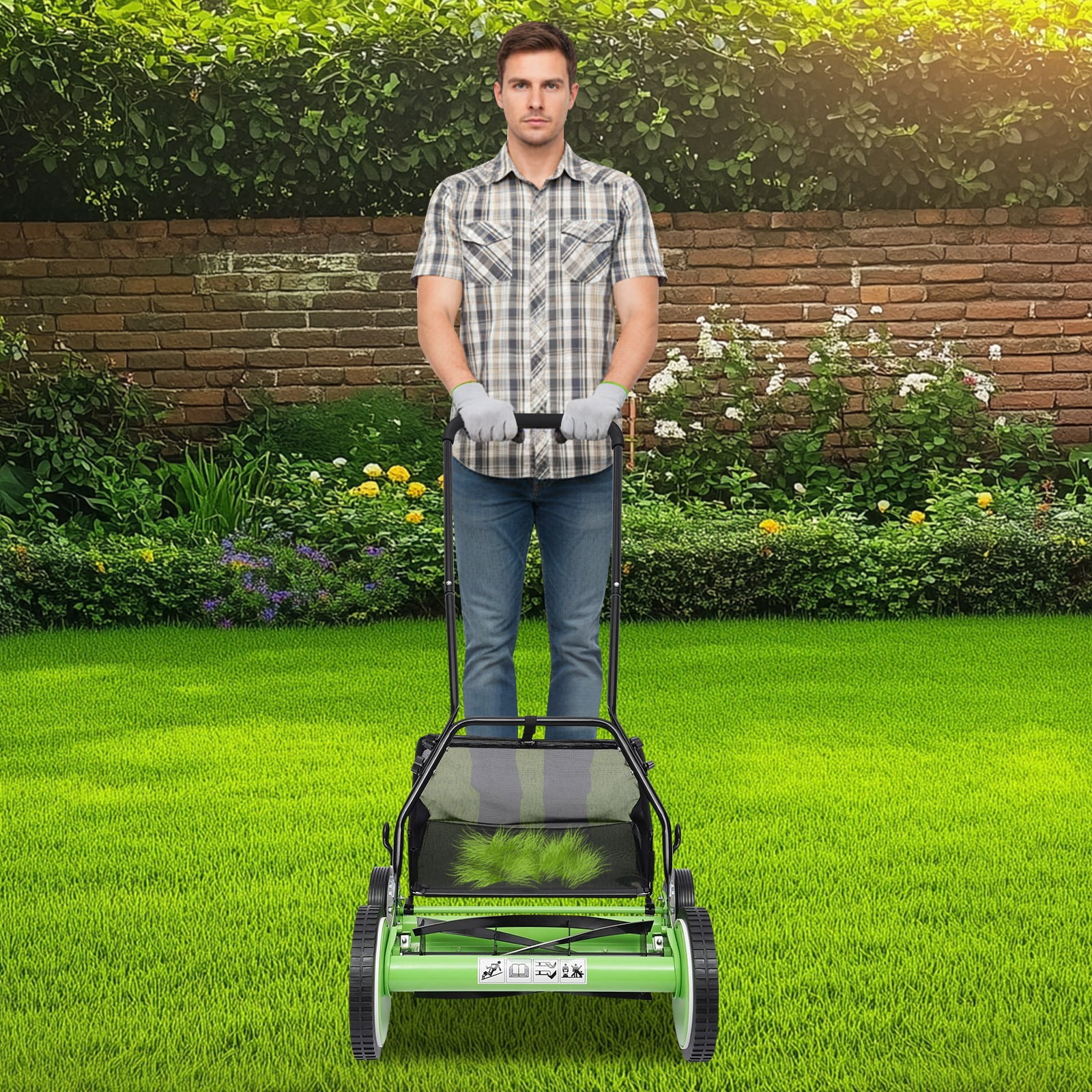 16-Inch 5-Blade Cordless Manual Reel Lawn Mower, Adjustable Cutting/ Handle Height Grass Cutter Green