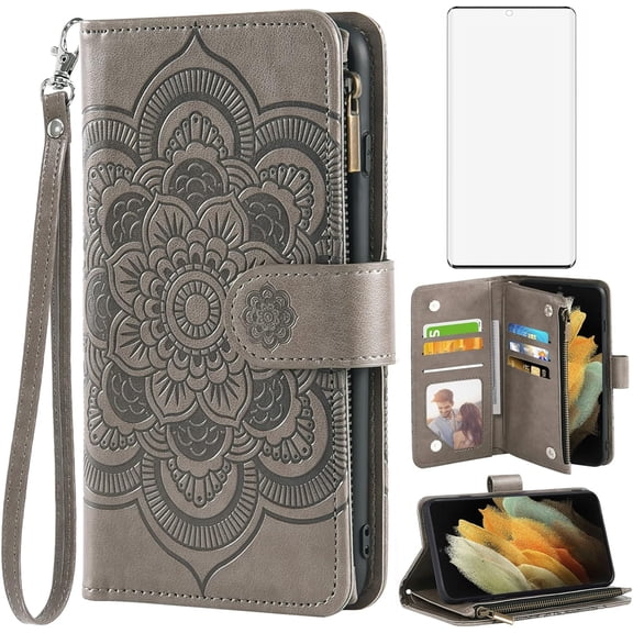 Compatible with Samsung Galaxy S21 Ultra Glaxay S21ultra 5G Wallet Case and Tempered Glass Screen Protector Leather Flip Card Holder Cell Phone Cover for Gaxaly 21S S 21 21ultra G5 Women Grey