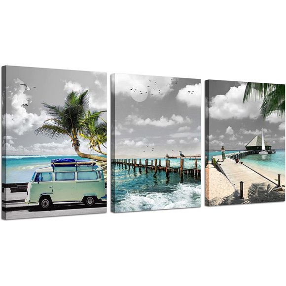 Ocean Beach Canvas Wall Art Tropical Seascape Prints Mint Green Bus Paintings Coastal Plank Road Picture Palm Tree Artwork for Bedroom Bathroom Living Room Home Office Decor 12"x16"x3 panels