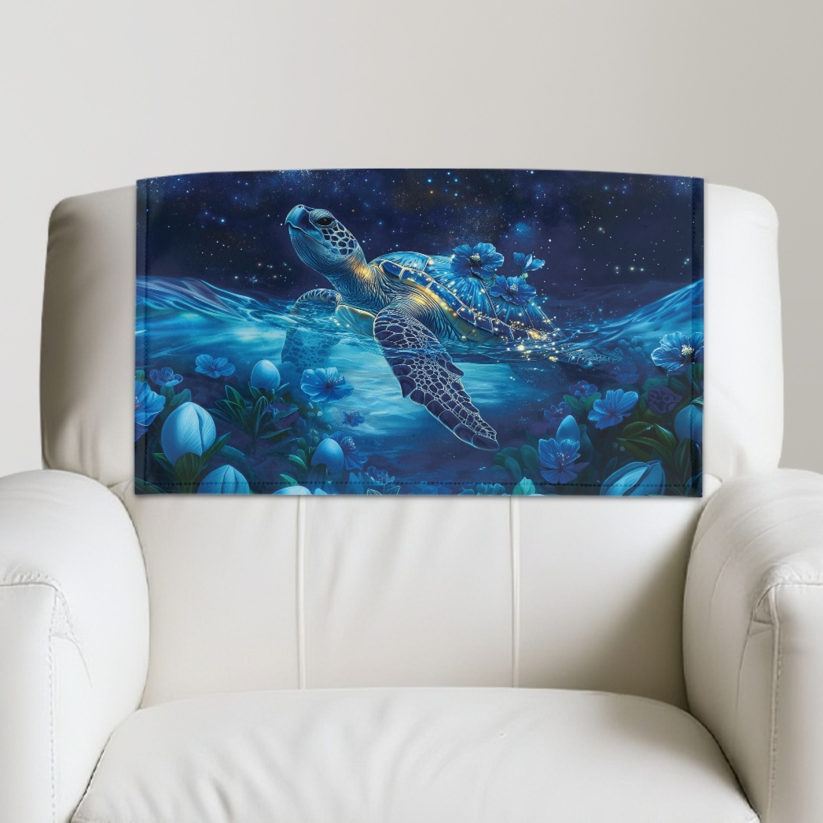 Xixirimido Blue Sea Turtle Floral Pattern Headrest Covers for Recliners Leather Dining Chair Slipcovers Universal Sofa Headrest Cover Office Chair Headrest Covers, 1Pcs