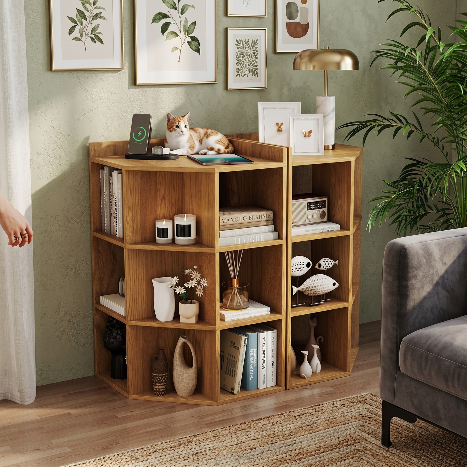 Furnibear 3-Tier Corner Cabinet with Charging Station, Corner Bookshelf Storage Organizer with 4 Outlets USB & Type-C Ports, 9-Cube Open Display Shelf for, Natural