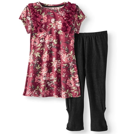 Floral Outfit Girl - Floral Ruffle Tunic & Knit Denim Legging, 2-Piece Outfit Set (Little Girls & Big Girls)