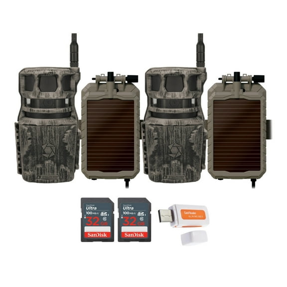 Stealth Cam Revolver 36MP 360-Degree Cellular Trail Camera (2-Pack) Bundle with Lithium Solar Power Panel (2-Pack), 32GB Ultra SDHC UHS-I Memory Card (2-Pack), and SD USB 2.0 Card Reader (7 Items)