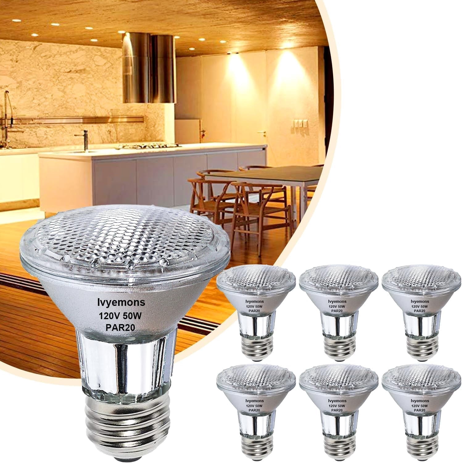 Ivyemons 9 Pack PAR20 Halogen Bulb 50W 120V Dimmable, 2800K Warm White Flood Light with E26 Base for Range Hood