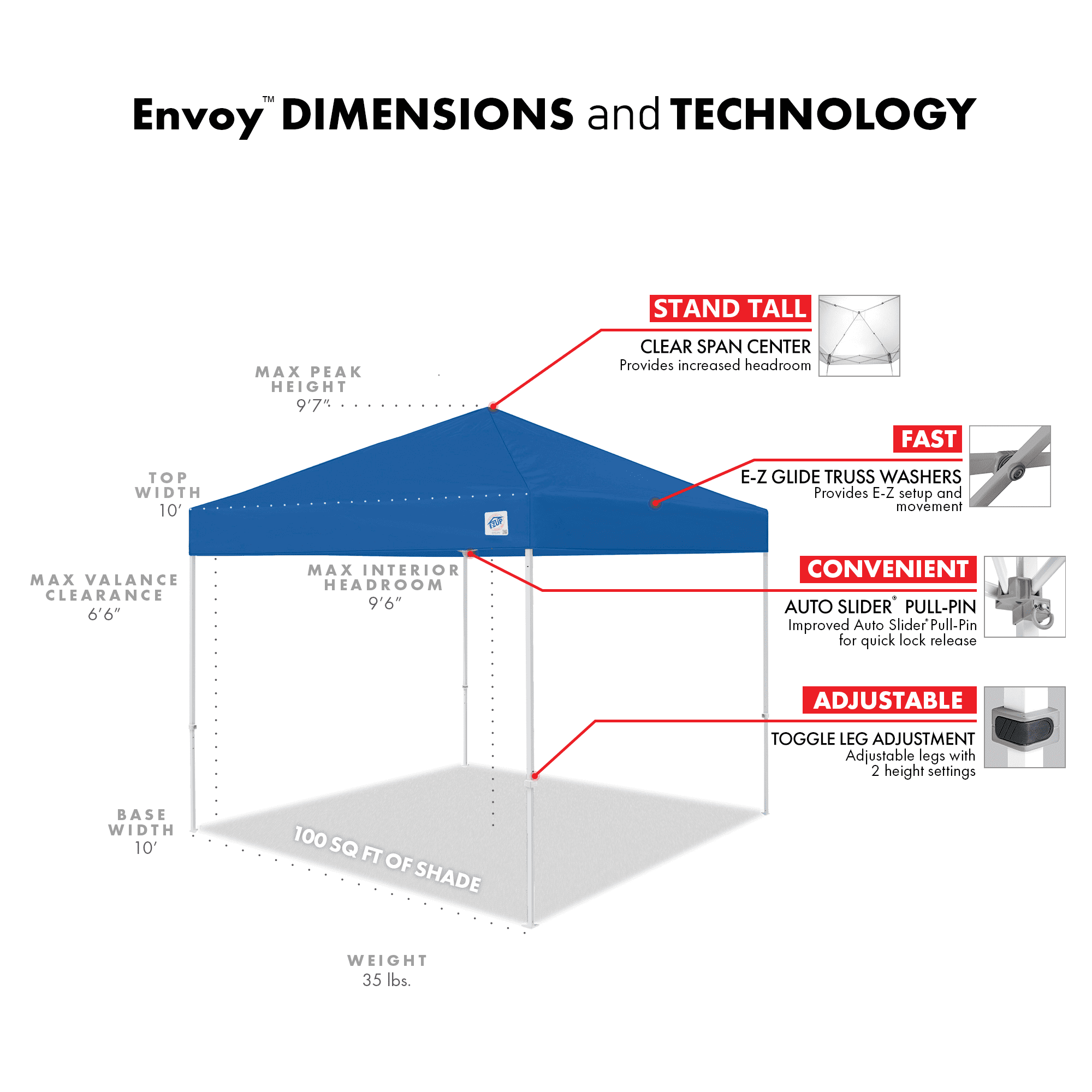 NEW E-Z Up® Envoy™ Instant Shelter Outdoor Canopy, 10 by 10', Royal Blue, Assembly Width 120" W
