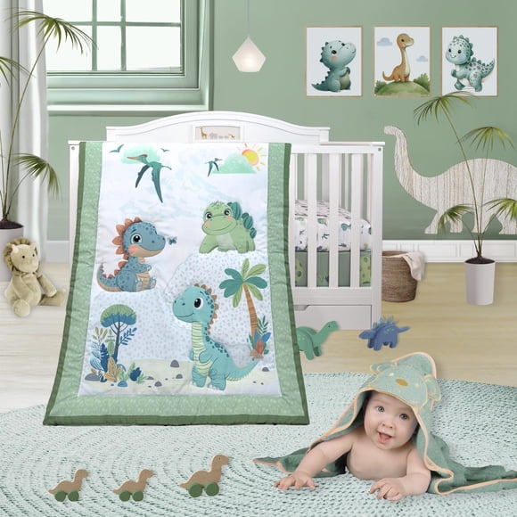 TrenD'lay 4 Piece - Includes Comforter, Fitted sheet, Crib skirt and Bib. Unisex Baby Dinosaurs Crib bedding set for Boys or Girl