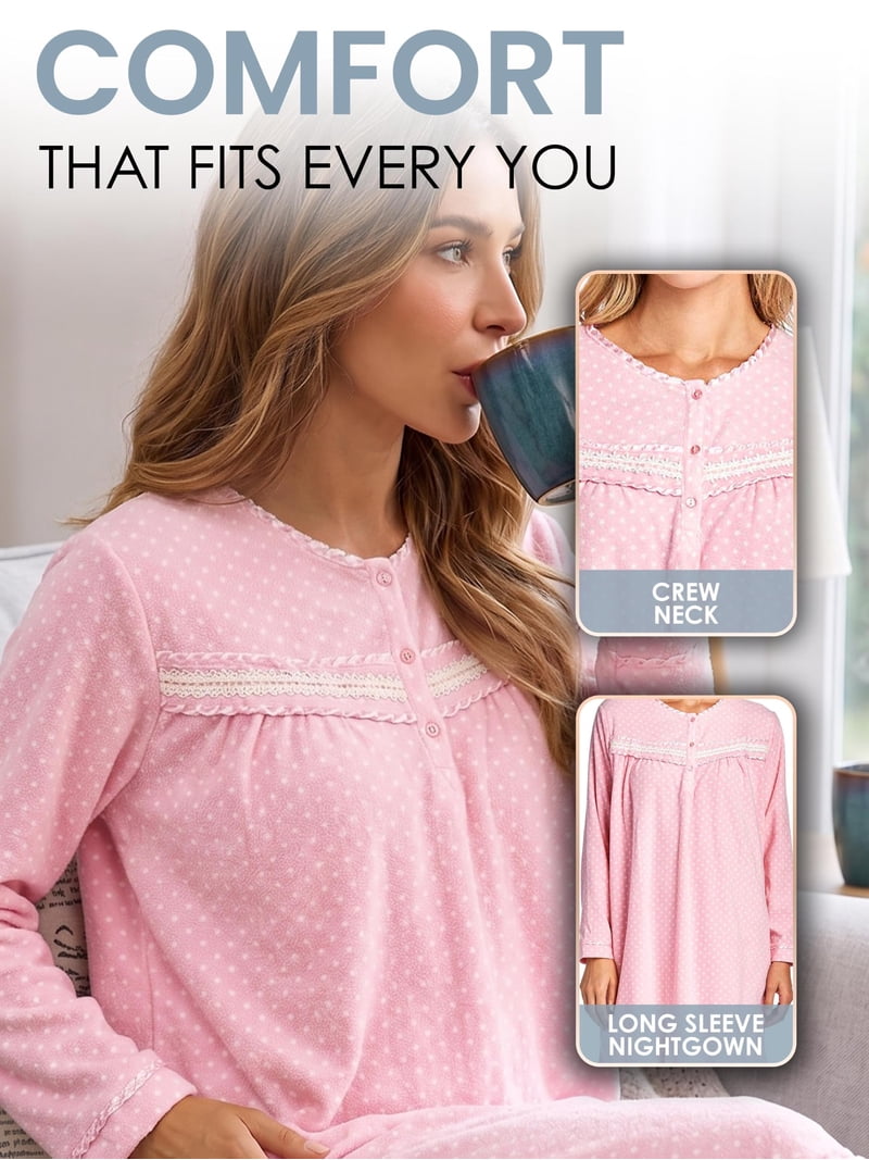 Casual Nights Women's Fleece Long Sleeve Nightgown, Floral Microfleece Sleepwear with Lace Trim and 3-Button Crew Neck, Dots/Pink Medium