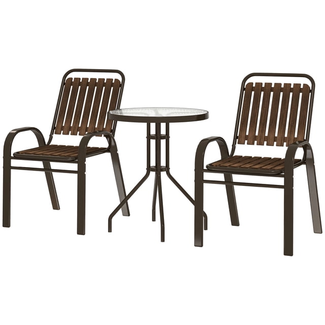3-Piece Patio Bistro Set, 2 Stackable Wood Grain Armchairs and Water-Ripple Tempered Glass Table, Weather-Resistant Steel Frame Furniture for Garden, Balcony, Dark Brown