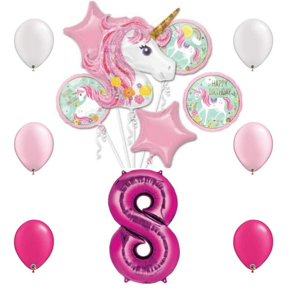 Magical Unicorn Birthday Party Balloon Bundle for 8 Year Old, includes 13 Balloons